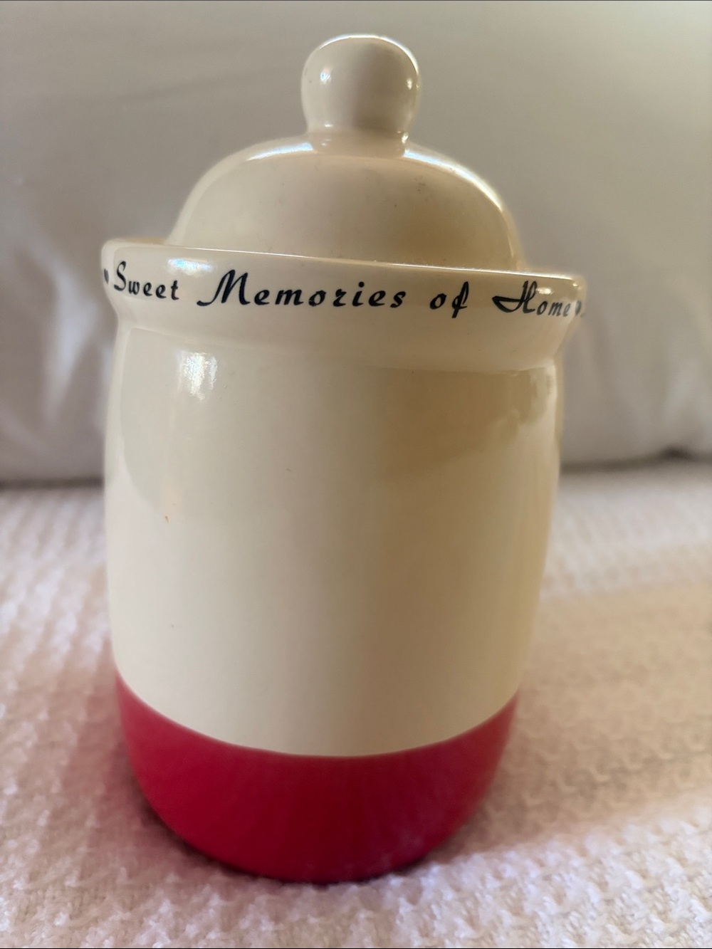 “Sweet Memories of Home” Ceramic Storage Canister — Cream and Red